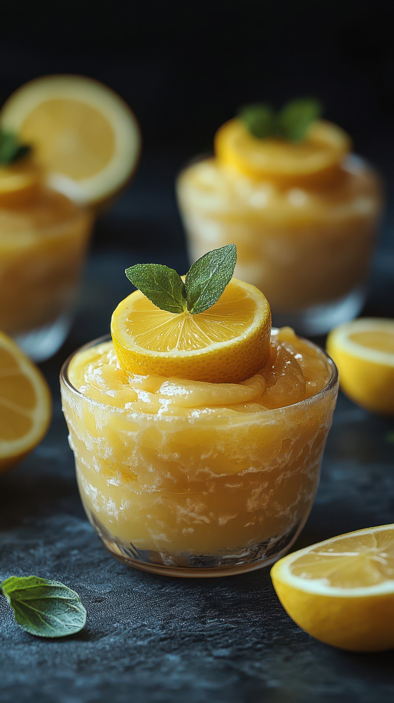 Delicious lemon sorbet served in elegant glass cups garnished with fresh lemon slices and mint leaves